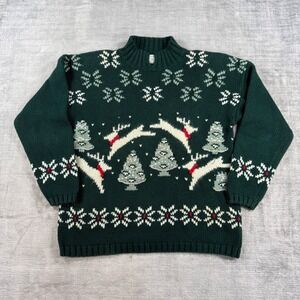 Paris Sport Club Sweater Womens Small Green Vintage Reindeer Christmas Hand Knit